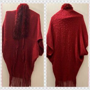 CG Couture Gems Burgundy Dark Red Sweater Poncho Cape Faux Fur with Fringe